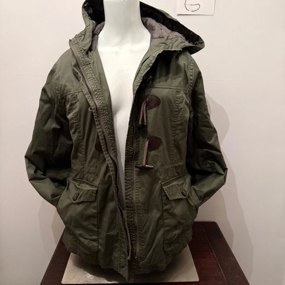 Aeropostale Jacket Utility Toggle Hooded Floral Lined Olive Green Women Large